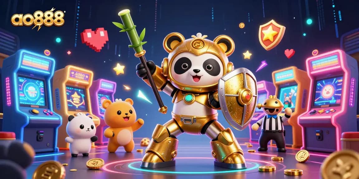 Join the action at ao888 with a dynamic animated scene of a golden panda and arcade machines.