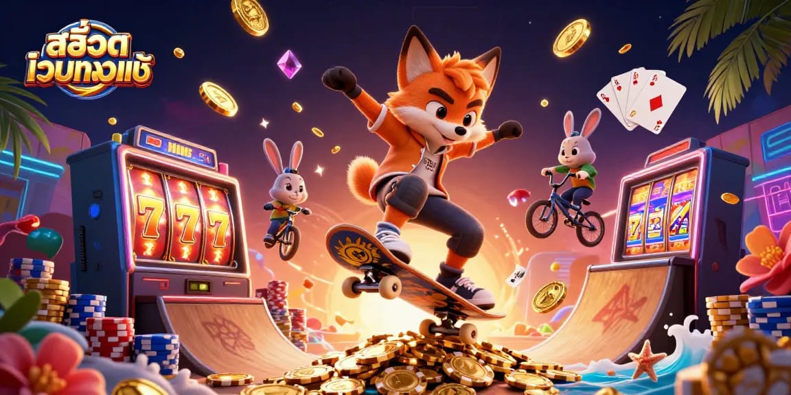 Experience สล็อตเว็บตรงแท้ with this vibrant illustration of casino fun featuring lucky slot machine reels and dynamic characters.