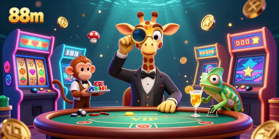 Engage in the vibrant world of 88m with a high-roller giraffe at the poker table.