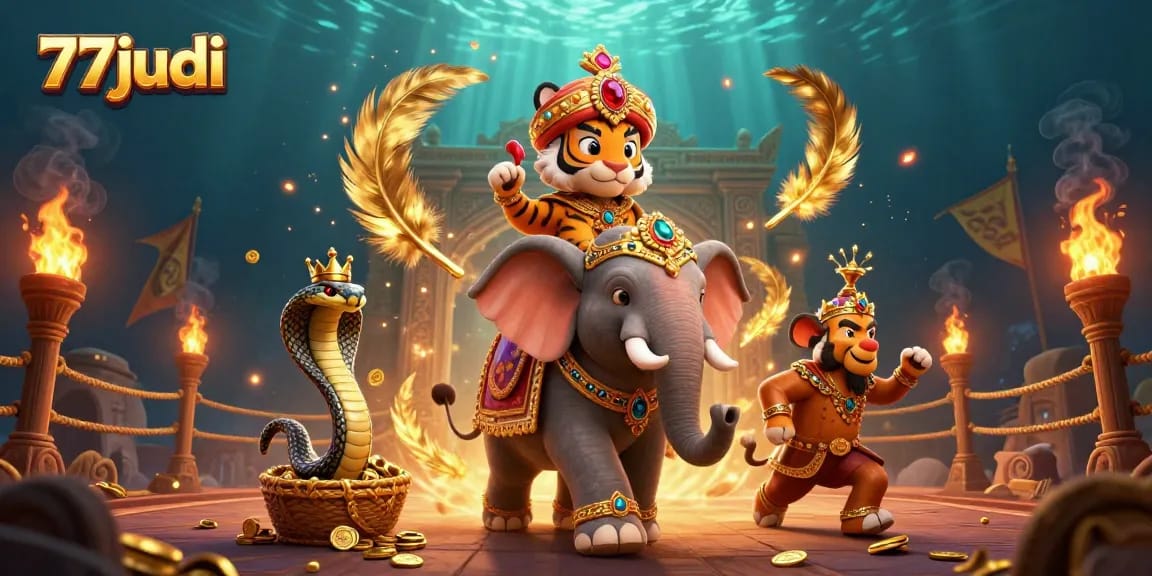 77judi players engage with vibrant casino excitement amidst a colorful 3D illustration.