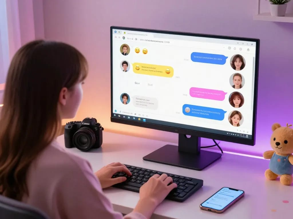 A user engaging with an NSFW chat bot in a cozy digital workspace, highlighting colorful dialogues and character interactions.