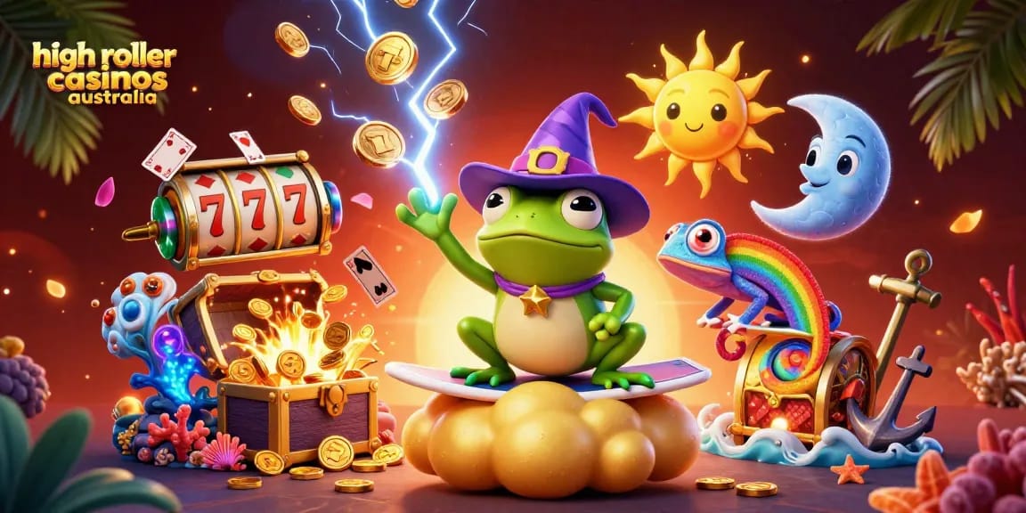 Experience the excitement of high roller casinos Australia with a wizard frog and chameleon amid gold coins.