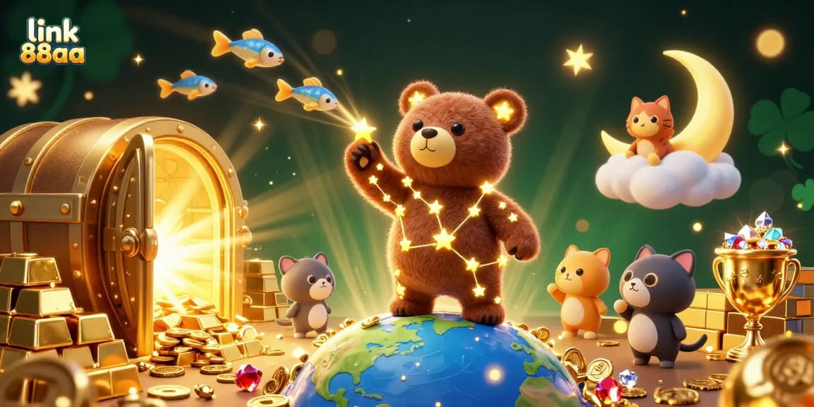 Experience the excitement of the link 88aa casino with vibrant 3D art featuring a constellation bear and jewels.
