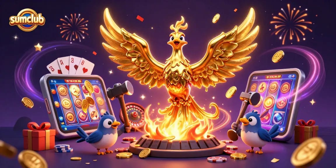 Engage in thrilling gameplay with sumclub, featuring a molten phoenix, slots, and poker elements.