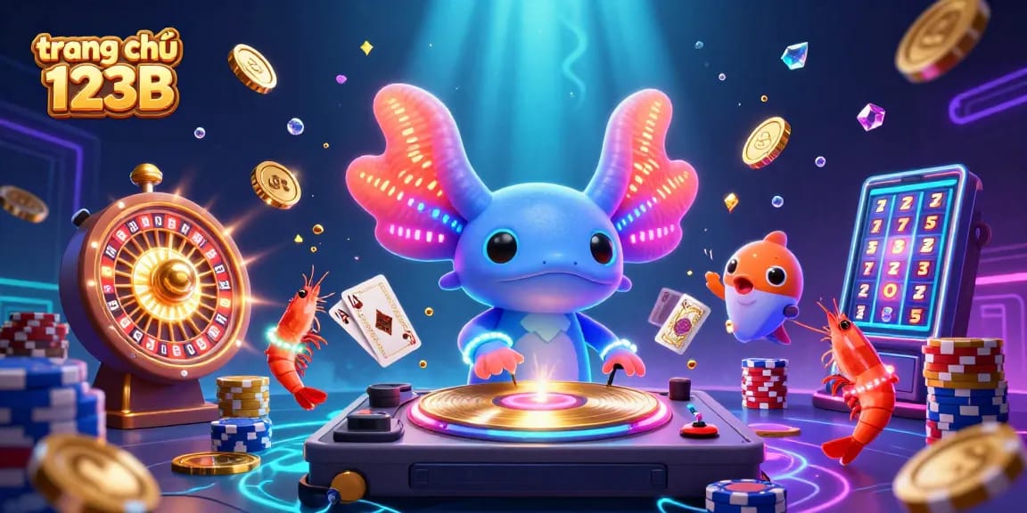 Experience the vibrant scene at trang chủ 123B featuring a neon axolotl DJ and engaging casino elements.