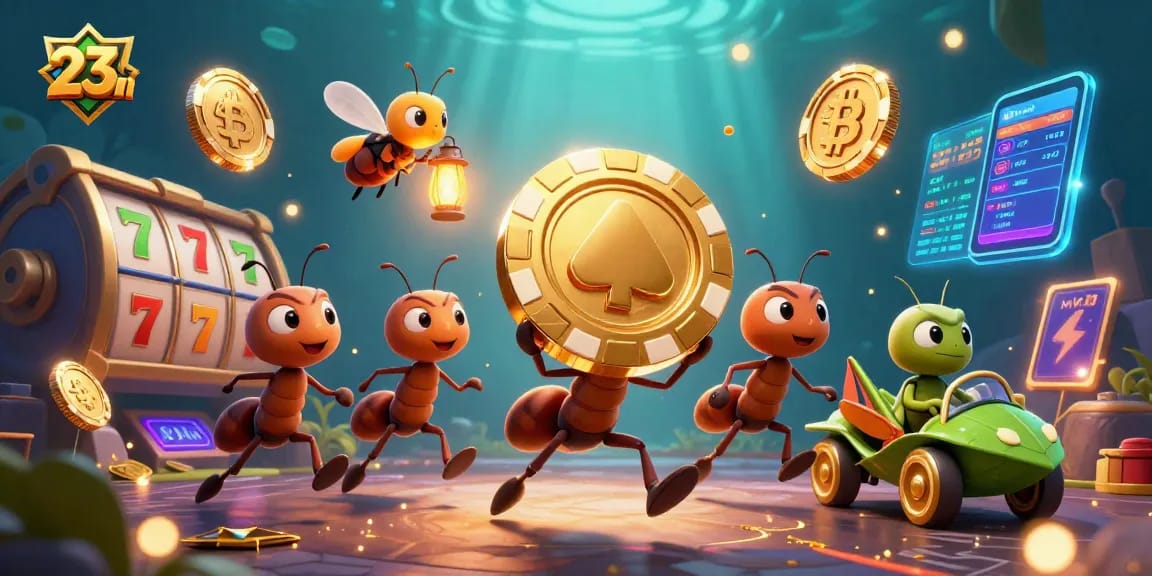 Experience thrilling adventures of 23win as cartoon ants conquer the casino realm with a golden chip.