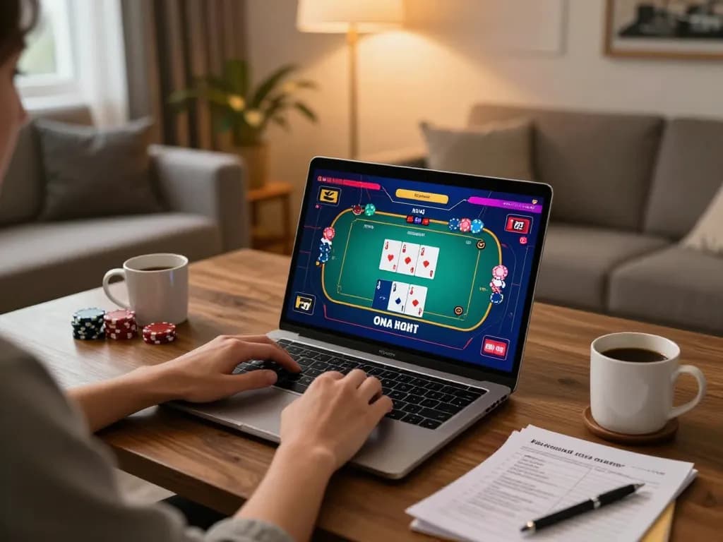 The player enjoys an immersive gaming experience at nhà cái sc88 with a laptop showing a dynamic poker game.