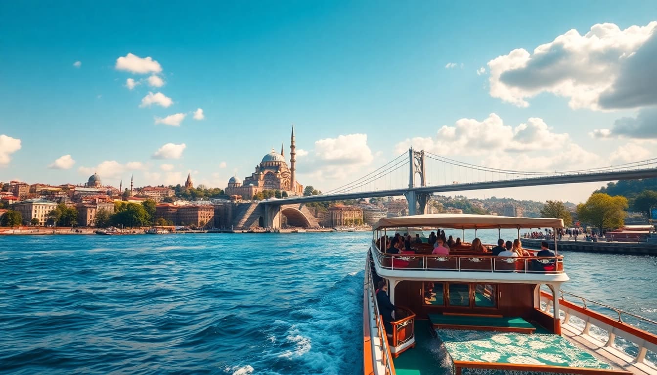 Bosphorus daytime cruise with passengers on a sunny day, showcasing Istanbul's landmarks.