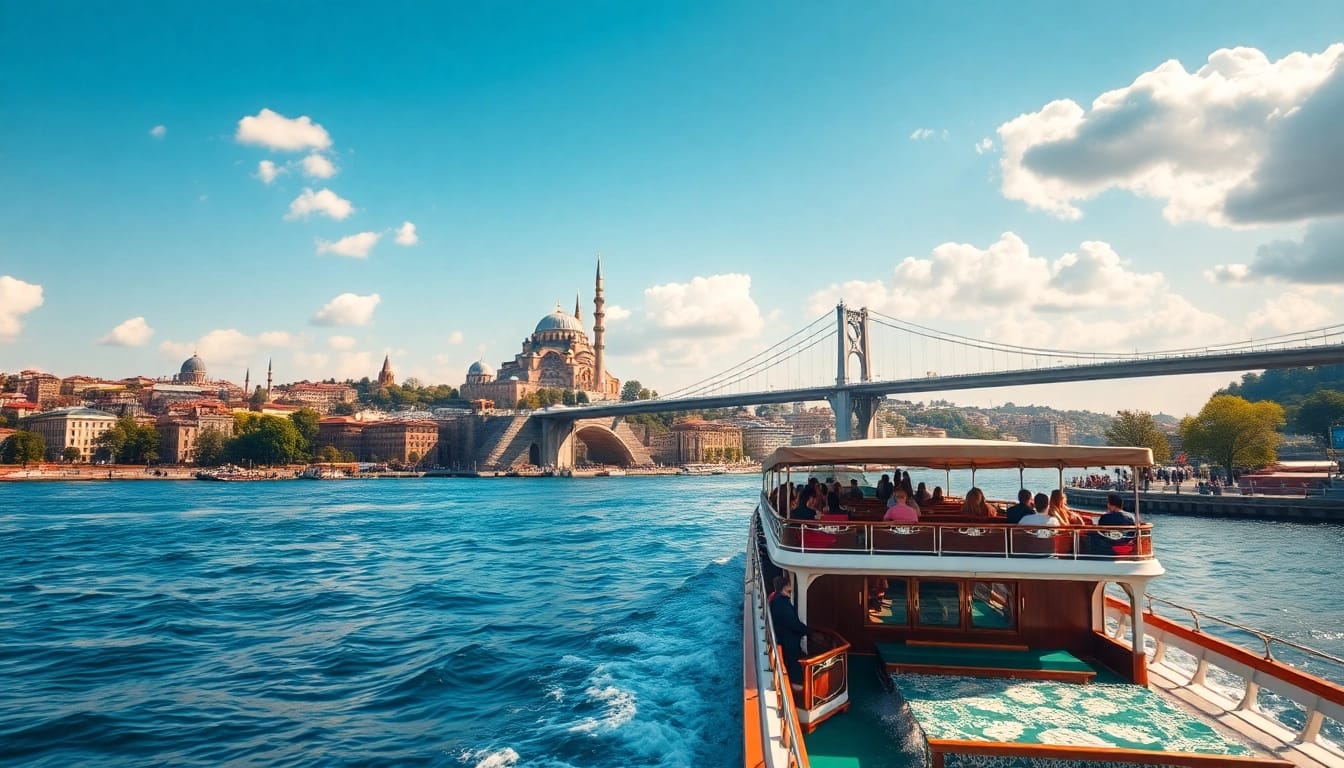 Bosphorus daytime cruise with passengers on a sunny day, showcasing Istanbul's landmarks.