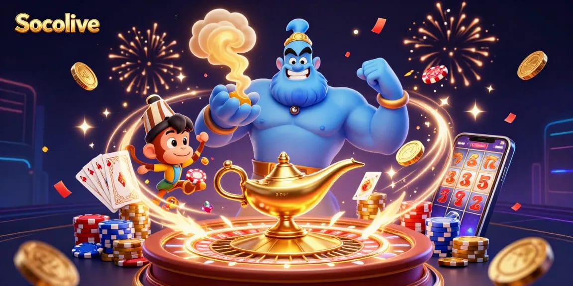 Experience Socolive's engaging gambling scene with a magical genie and poker elements in a vibrant illustration.