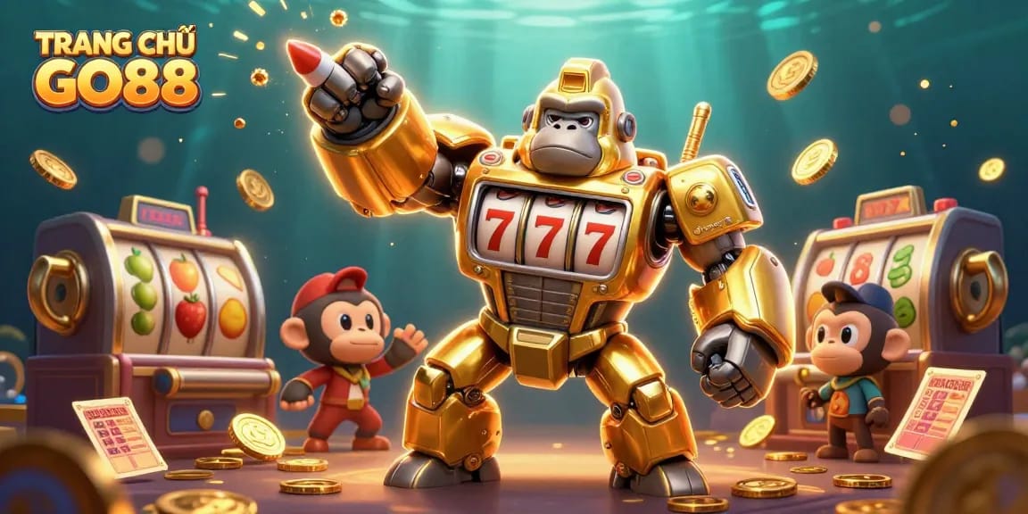 Experience excitement on TRANG CHỦ GO88 with a golden gorilla mech and vibrant casino elements.