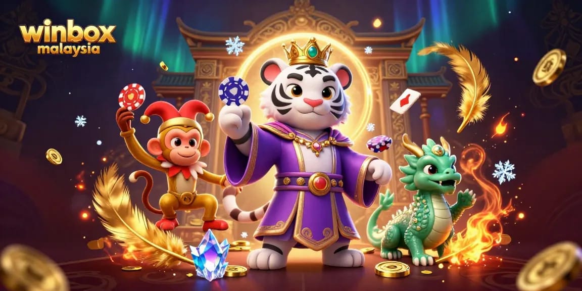 Experience winbox malaysia with an engaging scene of a tiger, monkey, and dragon amidst casino elements.