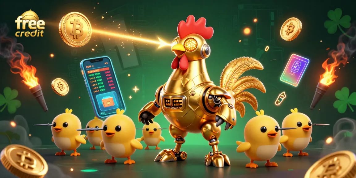 Engage in thrilling gameplay with free credit offers, featuring a golden rooster robot and baby chick drones.
