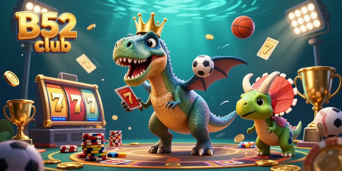 Experience thrilling fun at B52 club with dynamic gaming scenes showcasing joyful cartoon dinosaurs engaged in gambling activities.