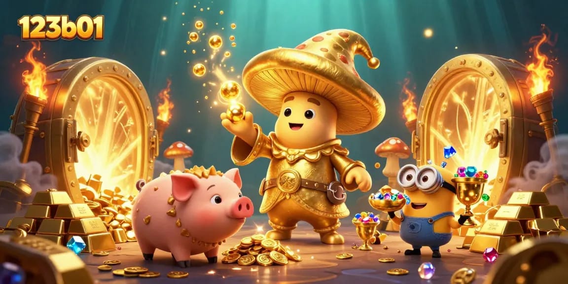 Experience the excitement of winning with 123b01, showcasing colorful casino elements in a magical treasure scene.