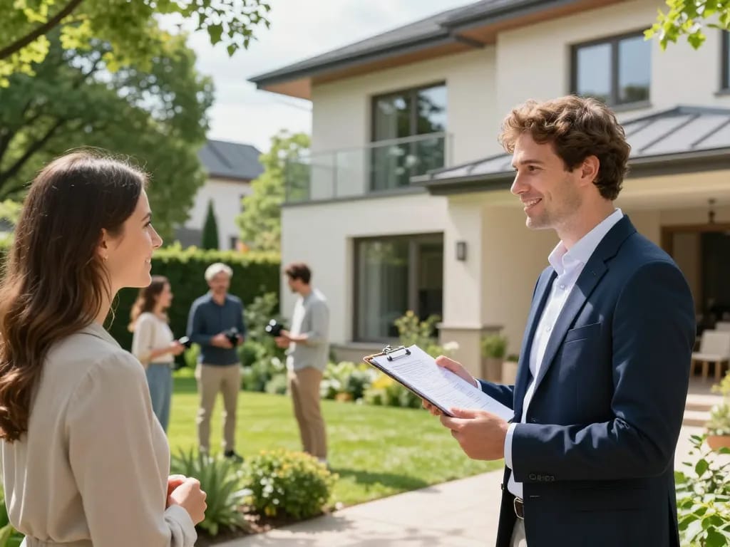 Immobilienmakler in Frankfurt Dornbusch, der modernen Villenimmobilien potenziellen Käufern präsentiert.