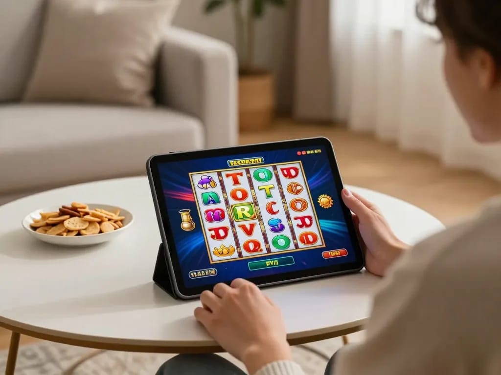 RR88 player enjoying a thrilling slot machine game on a tablet in a cozy home setting.
