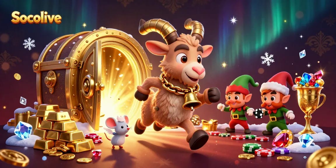 Socolive offers immersive casino fun with a Krampus goat and mischievous elves in a bustling holiday casino scene.