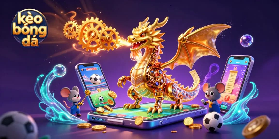 Experience kèo bóng đá excitement with dynamic sports betting elements and a golden dragon illustration.