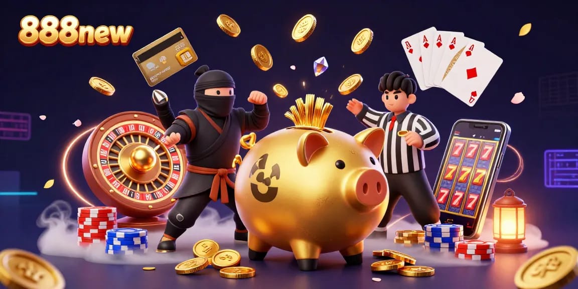 Experience the vibrant games of 888new with a golden piggy bank and action-packed casino elements.