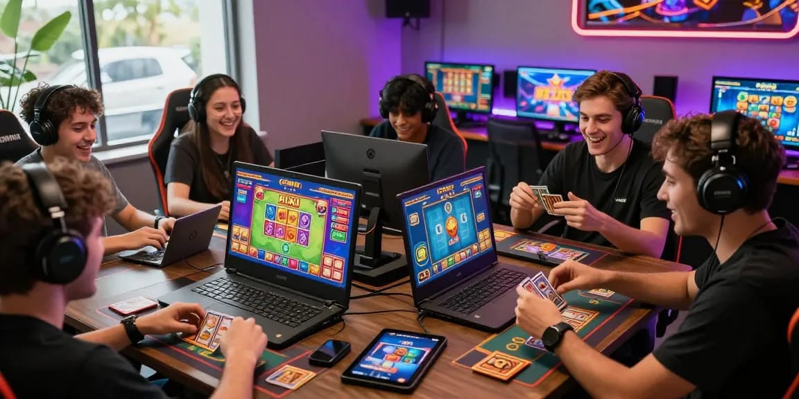 Exciting gaming atmosphere at https://gemwin.pics/ with diverse players enjoying card games and vibrant graphics.