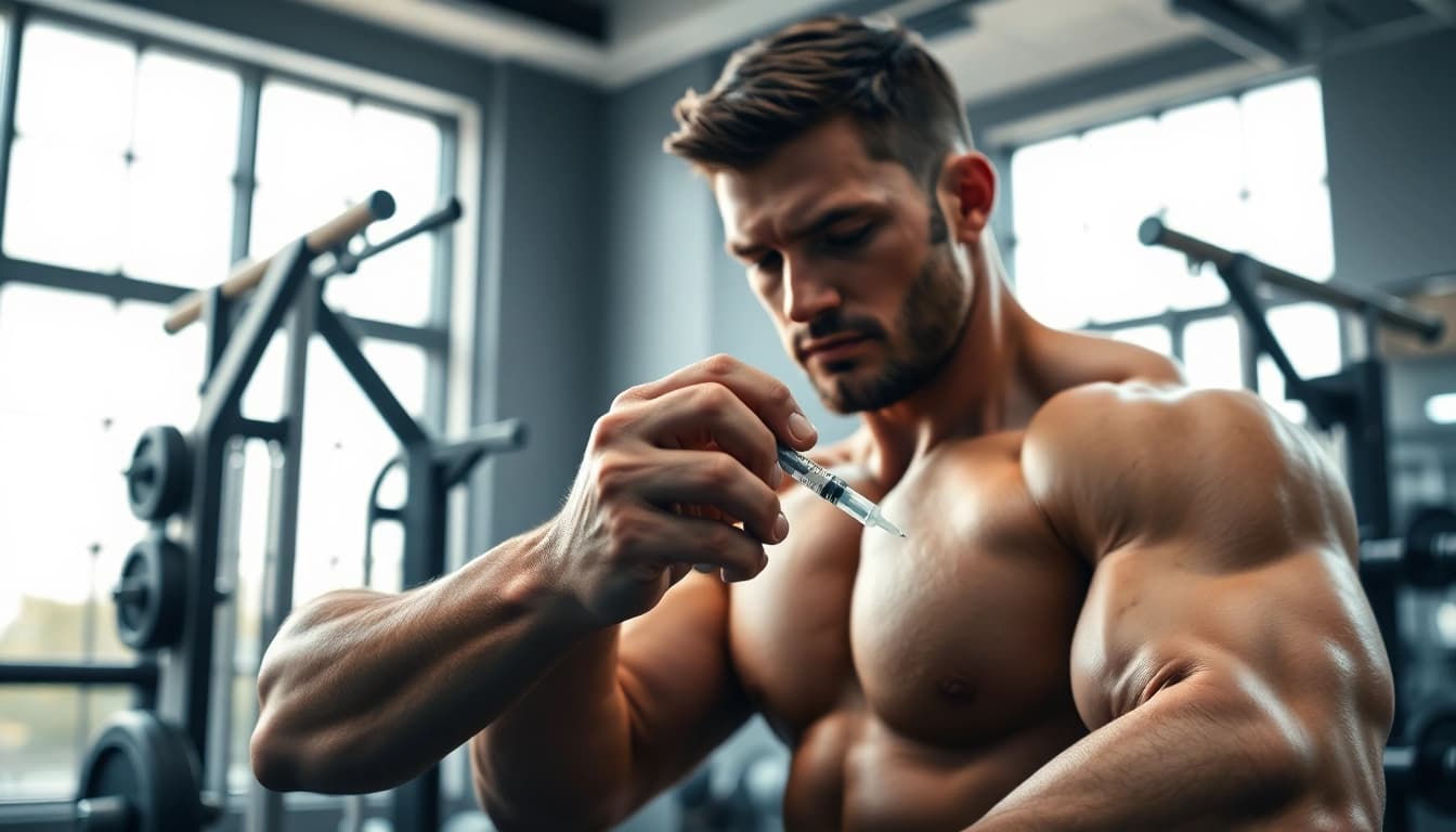 Ein Athlet, der sustanon kaufen vorbereitet, hebt Gewichte in einem modernen Fitnessstudio.