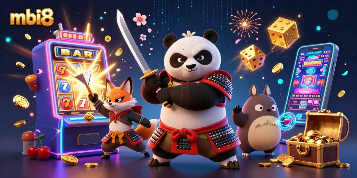 Play thrilling games at mbi8, featuring an energetic scene with a samurai panda, ninja fox, and magical elements.