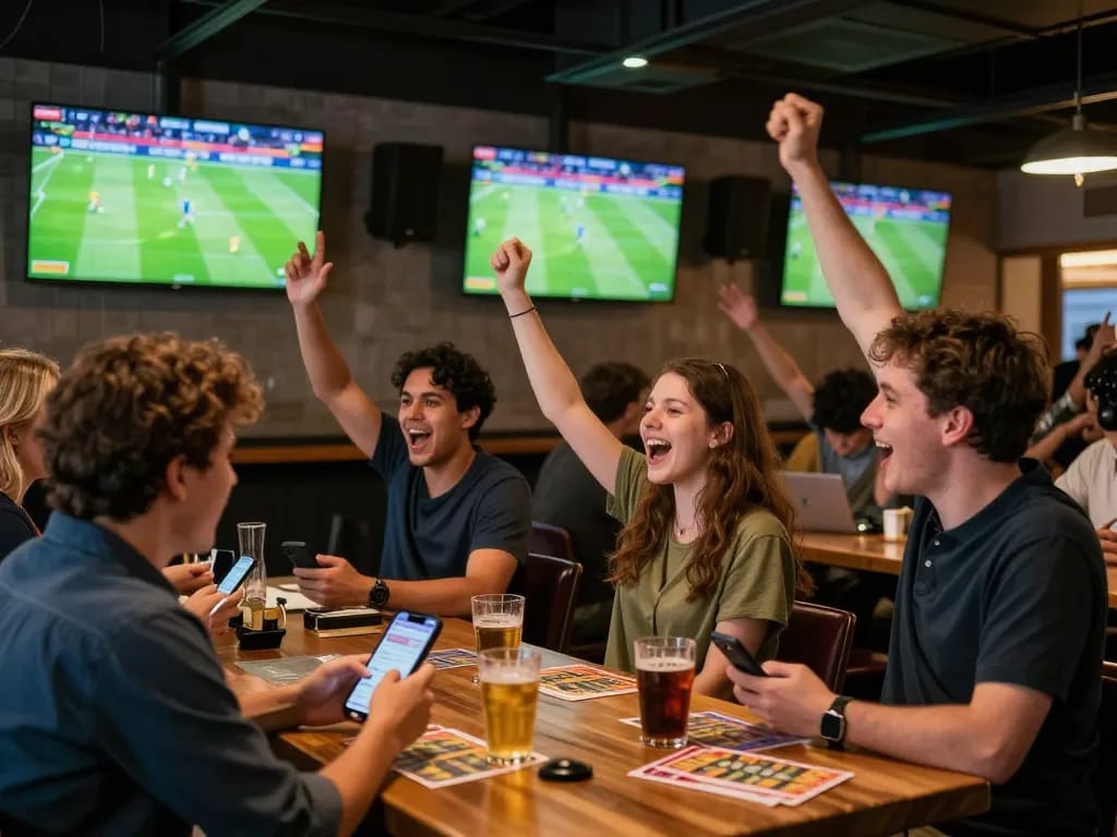 Kèo nhà cái 5 sports betting atmosphere with excited patrons cheering at multiple screens displaying matches.
