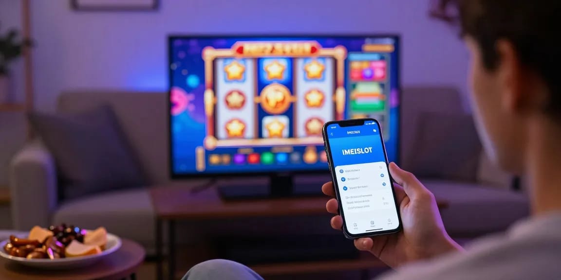 Pengguna memeriksa aplikasi IMEISLOT dengan slot game menarik di layar smartphone