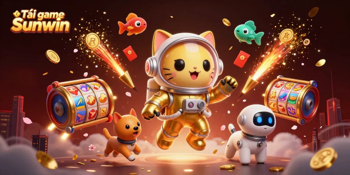 Tải game Sunwin with a dynamic 3D illustration of an astronaut cat, robot dog, and vibrant casino elements