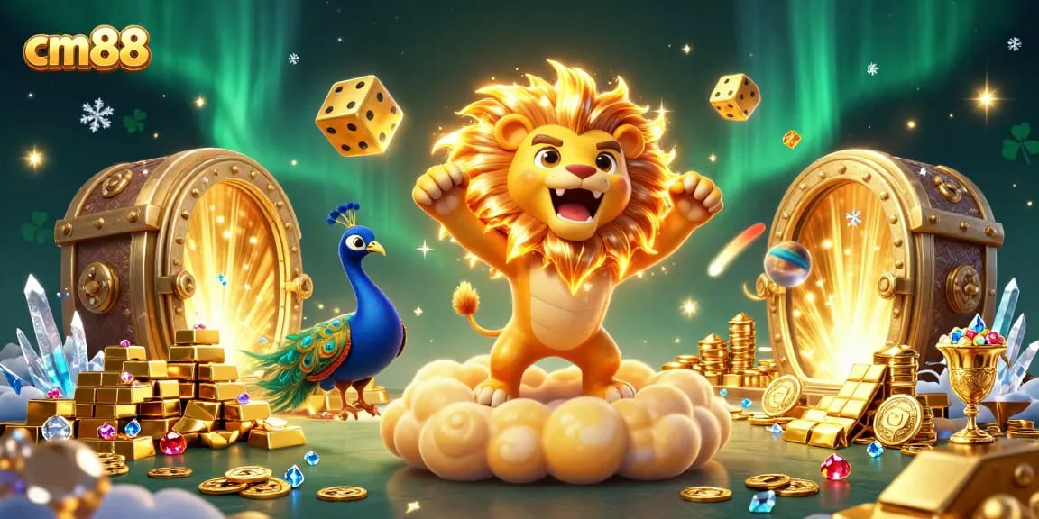 Engage with cm88's vibrant gaming world, featuring animated treasures and characters in a dynamic casino scene.