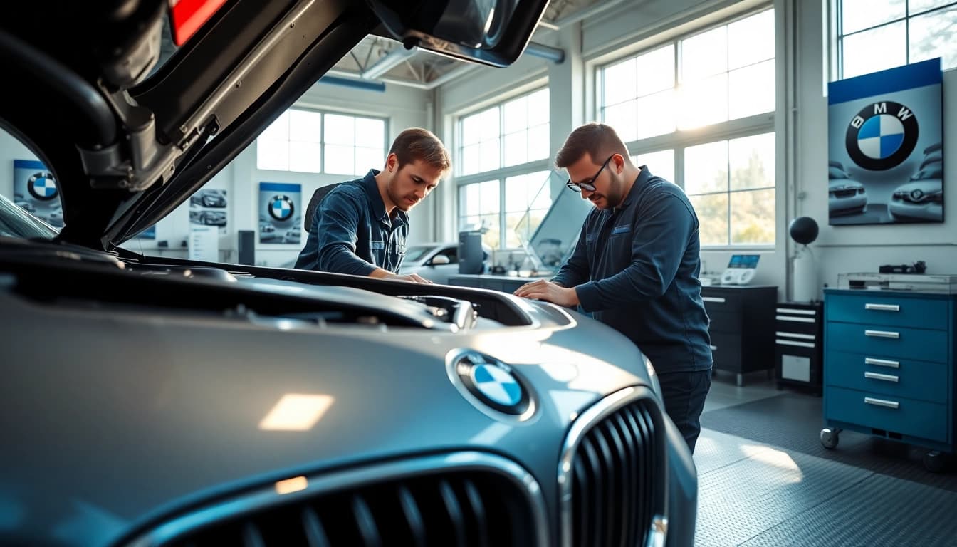 Der BMW Spezialist überprüft sorgfältig den Motor in einer modernen Werkstatt.