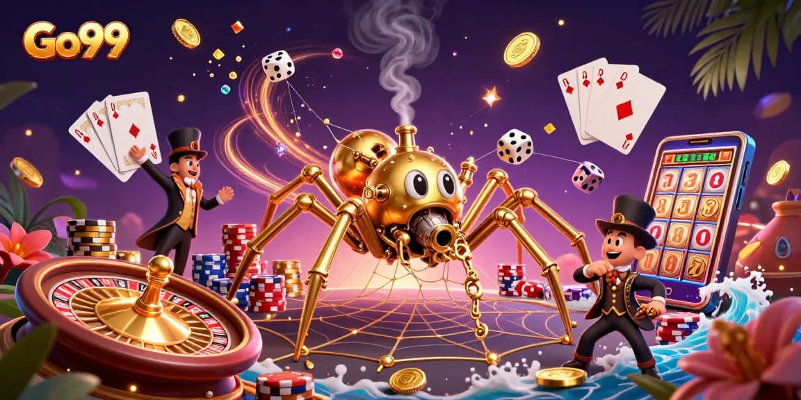 Experience the thrill of Go99 with a dynamic 3D illustration of a steampunk spider and gambling elements.