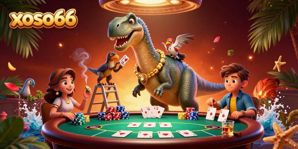 Xoso66 features a vibrant 3D illustration of a playful brontosaurus at a poker game, showcasing casino elements.