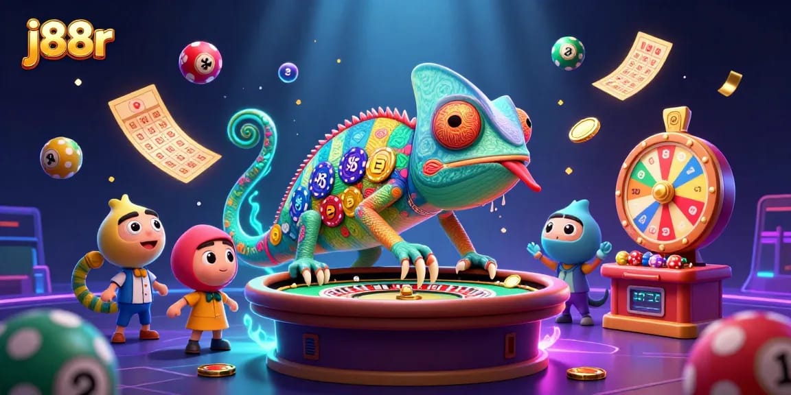Engage in exhilarating j88r casino gameplay with a vibrant chameleon owner and dynamic lottery elements.