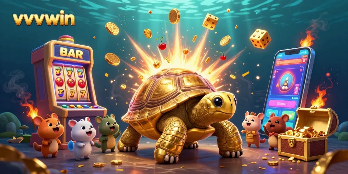 Experience exciting gameplay with vvvwin's golden tortoise pinball machine and jackpot slots.