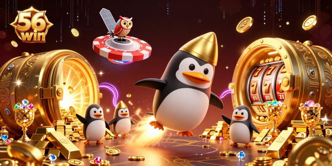 Engage in thrilling gameplay at 56win with a golden penguin heading to a vibrant casino.
