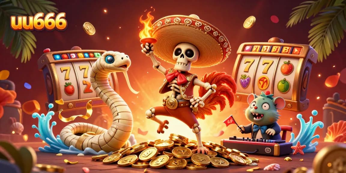 uu666 celebrates winnings with a skeleton mariachi and jackpot-themed elements in this vibrant casino scene.