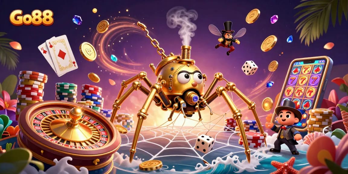 Experience the excitement of Go88, where golden coins and colorful chips come alive in a dynamic casino scene.