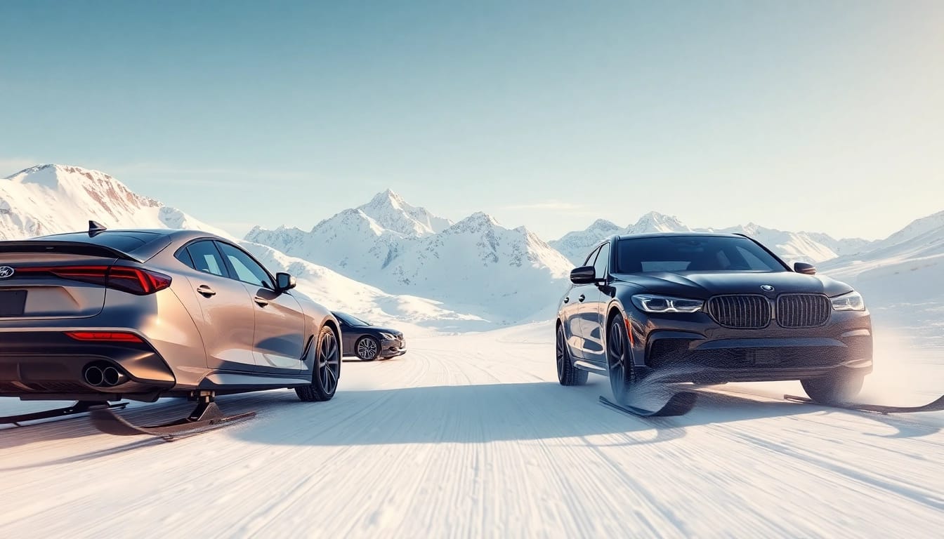 Auto Kufen in action with sleek vehicles gliding through snow for ultimate performance.