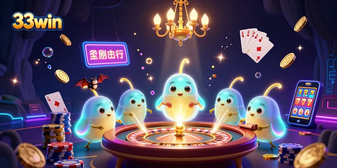 Engage with 33win's vibrant casino scene featuring glowing characters and immersive gaming elements.