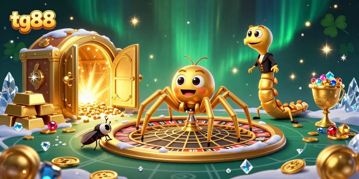 Bet on tg88 with a cartoon spider and centipede croupier in a vibrant casino scene.