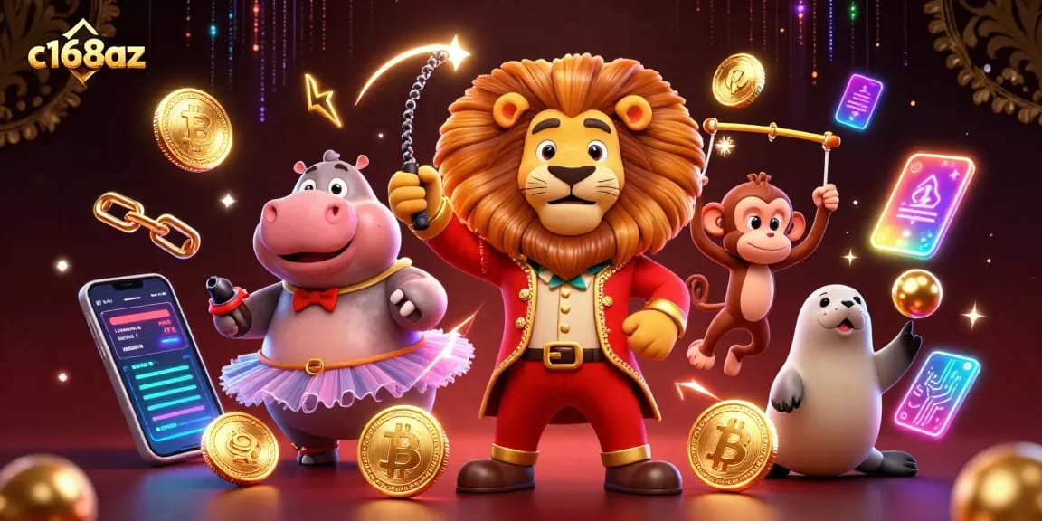Experience thrilling gambling excitement at c168az with a vibrant 3D circus scene featuring unique characters and crypto elements.