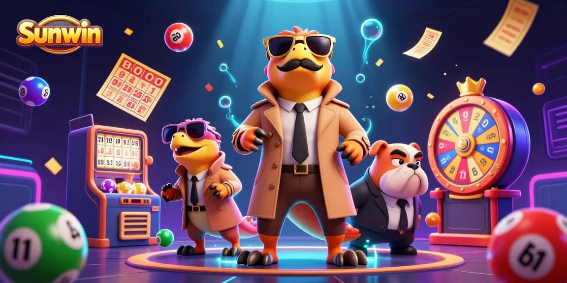 Sunwin showcases three raptors in disguise entering a casino lounge, amidst a colorful explosion of lottery balls and gaming elements.