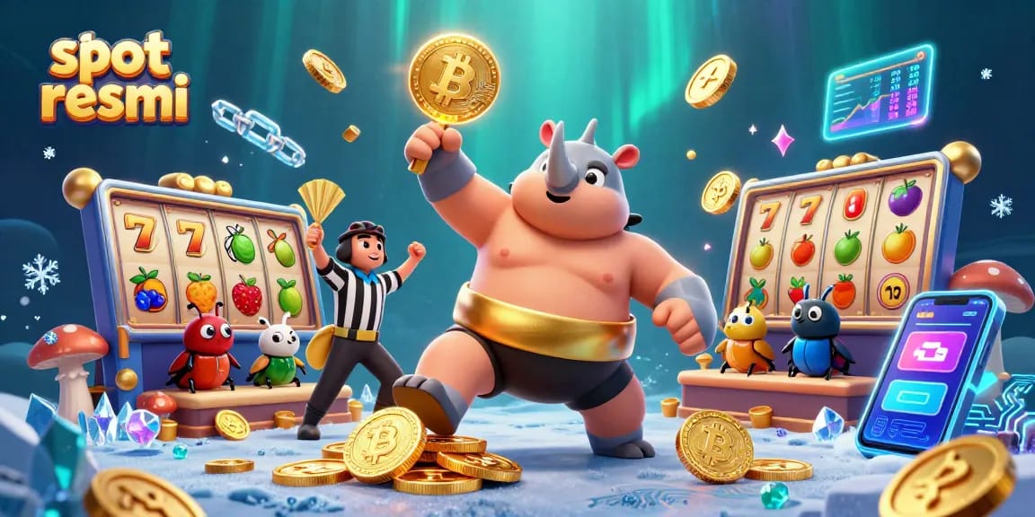 Explore dynamic slot resmi action with cartoon beetle characters amidst flying coins and glowing crypto elements.