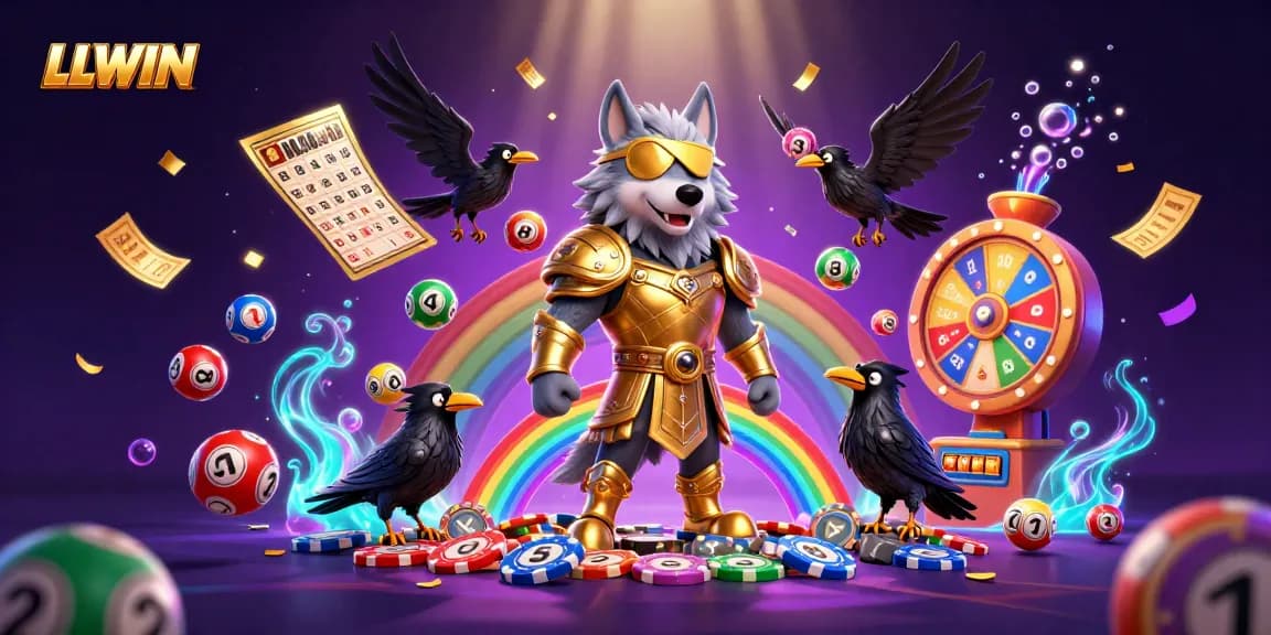 Win big with LLWIN's vibrant illustration of Odin and casino games bursting with excitement.