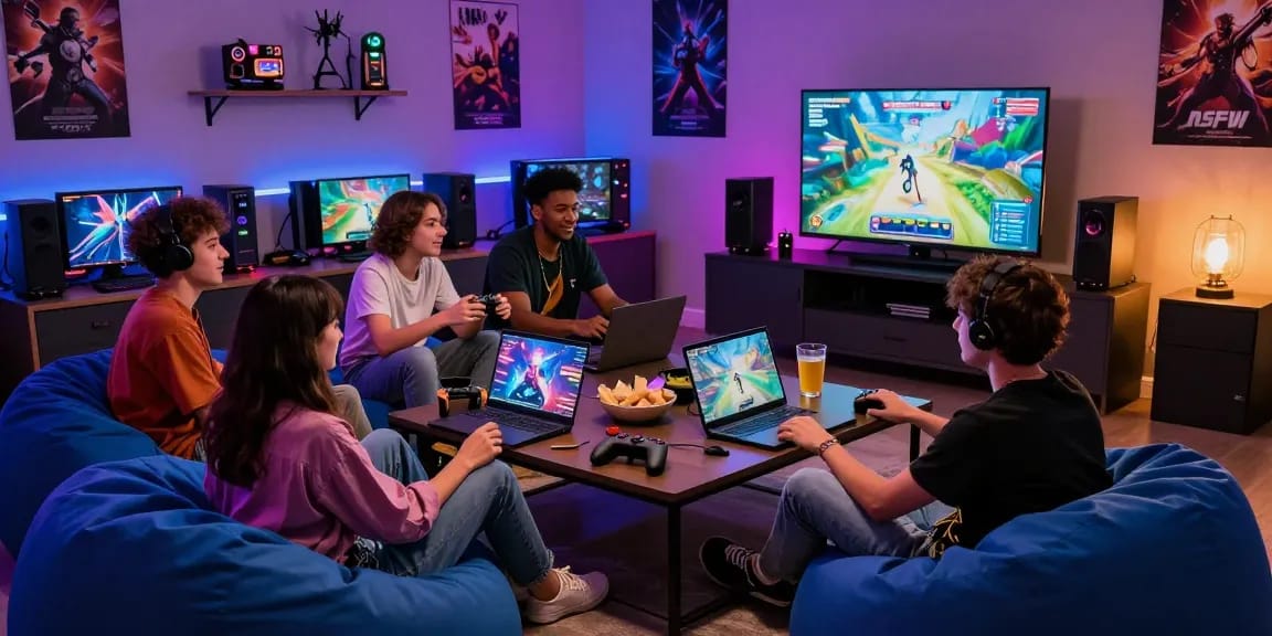 Group of friends enjoying an exciting session of nsfw game in a vibrant gaming lounge.