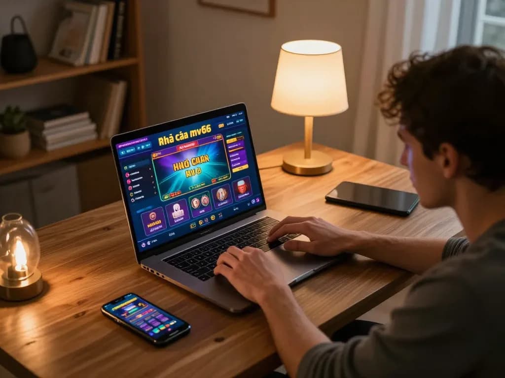 Engaging online gambling scene showcasing Nhà cái mv66's interface on a player's laptop while enjoying a cozy home environment.