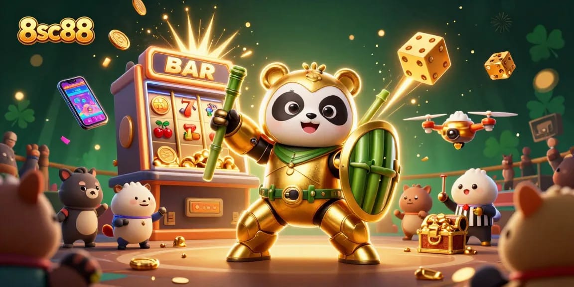 Experience thrilling casino action with 8sc88, featuring a mech-suit panda battling in a vibrant 3D gaming arena.
