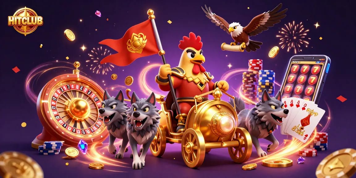 HITCLUB offers thrilling gameplay with a 3D rooster warlord leading a vibrant casino scene.